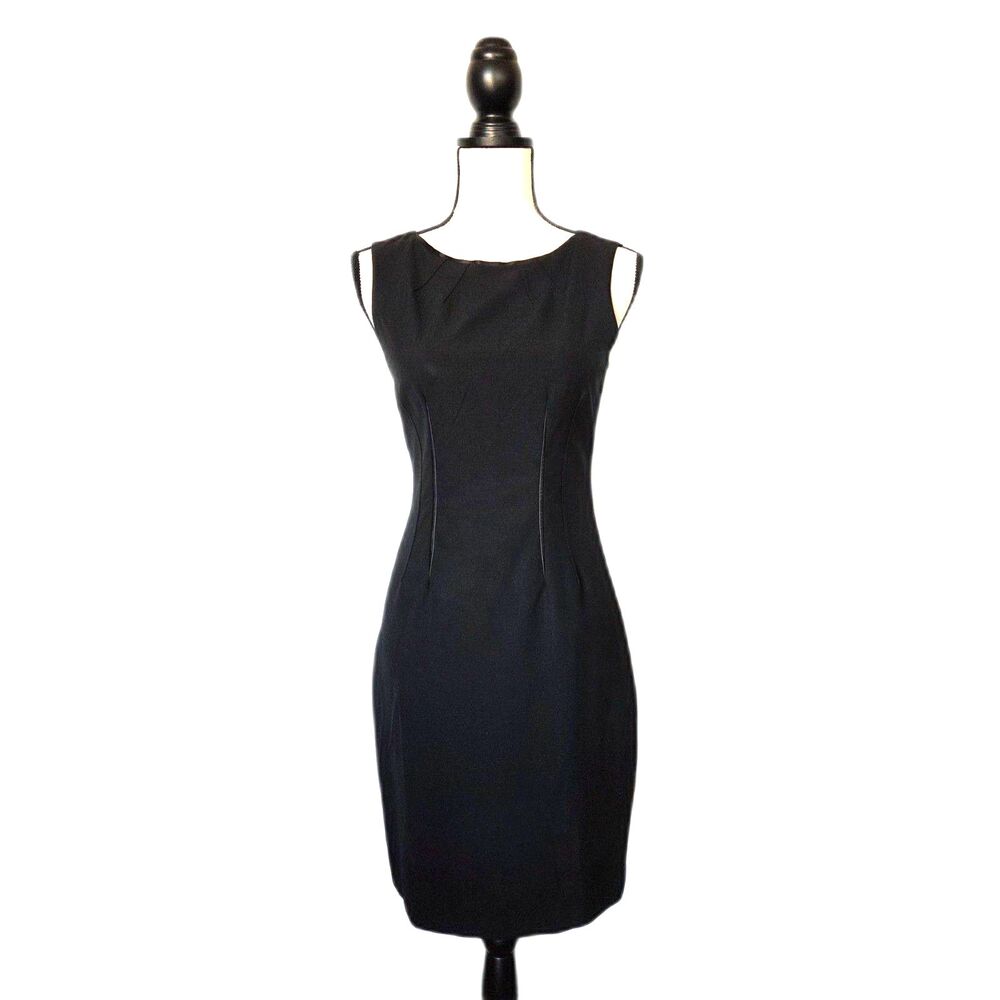 Elie Tahari Black Virgin Wool Lamb Leather Trim Sheath Dress Sz 2 EUC Crossover